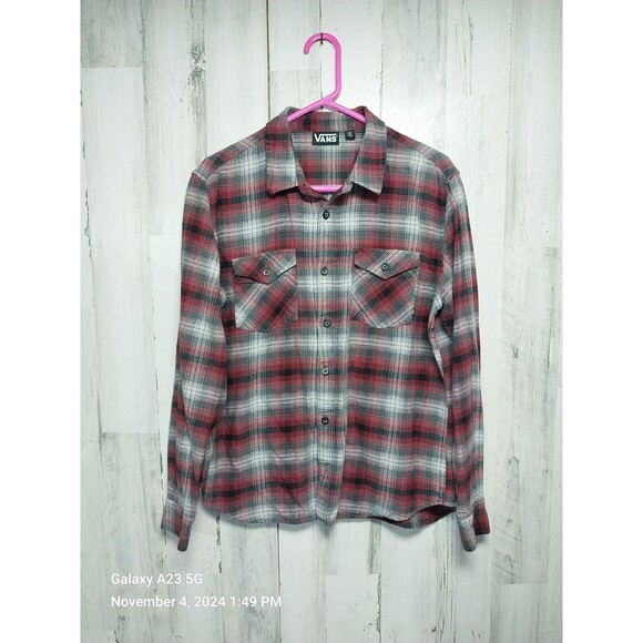Vans Men's Medium Gray Red Plaid Flannel Shirt - Picture 1 of 5